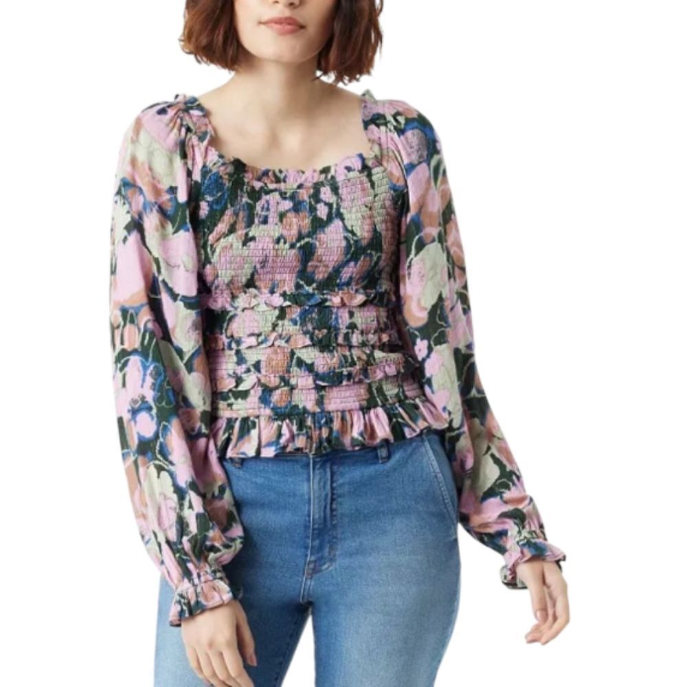 Sam EdelmanWomen's Misha Printed Smocked Ruffle Top Floral Blouse Long Sleeves